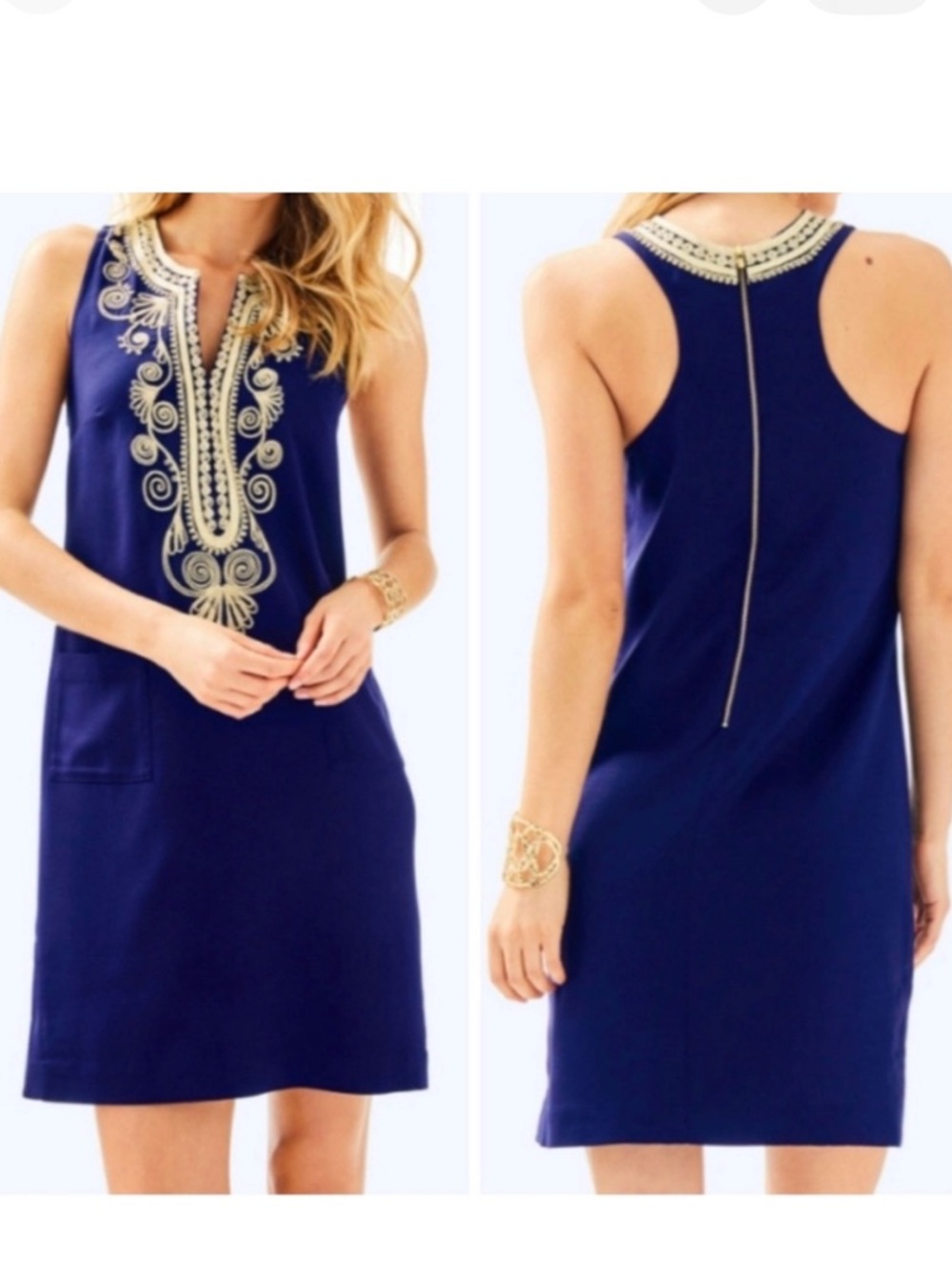 LILLY PULITZER Carlotta Stretch Shift Dress True Navy and Gold Sz 00 Preppy